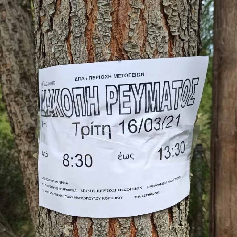 Προγραμματισμένη διακοπή ρεύματος την Τρίτη 16/03 στην Διώνη Πικερμίου. Δείτε σε ποιες οδούς