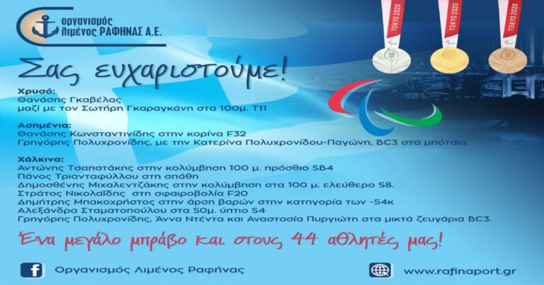 Συγχαρητήρια από τον Οργανισμό Λιμένος Ραφήνας σε όλους τους αθλητές των Παραολυμπιακών