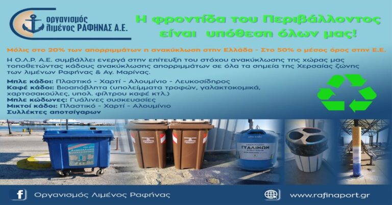 O Οργανισμός Λιμένος Ραφήνας φροντίζει το περιβάλλον τοποθετώντας κάδους ανακύκλωσης απορριμμάτων