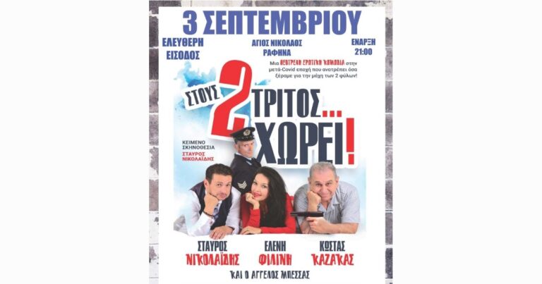 Ραφήνα: Αναβάλλεται λόγω μποφόρ η σημερινή θεατρική παράσταση “Στους δύο τρίτος …χωρεί” στον Άγιο Νικόλαο
