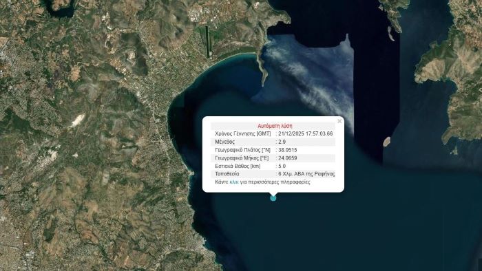 Διπλός σεισμός 2,7 και 2,9 Ρίχτερ ανοικτά της Ραφήνας