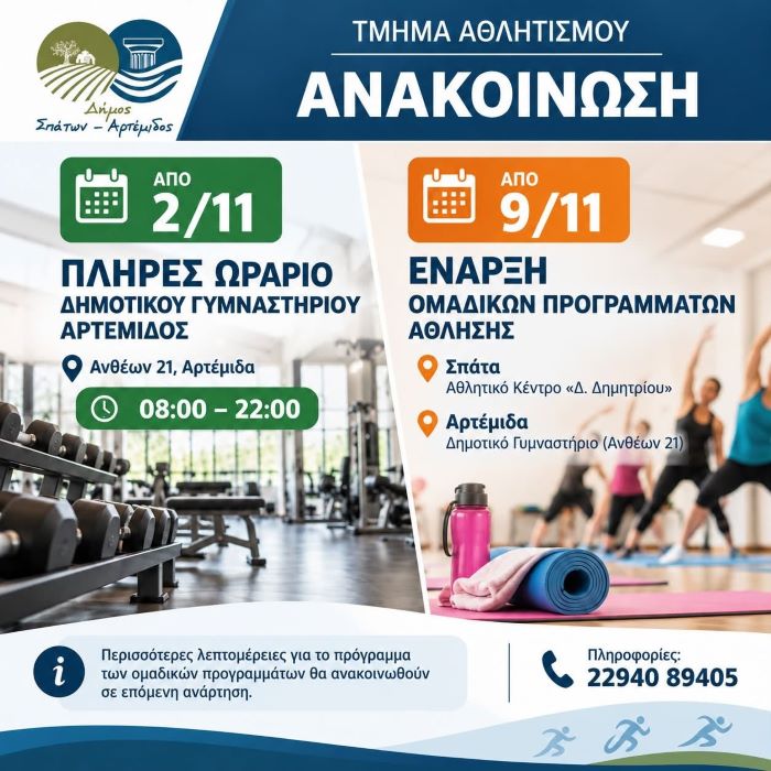 Επιστροφή σε πλήρη λειτουργία για το Δημοτικό Γυμναστήριο Αρτέμιδος!
