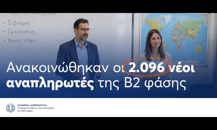 2.096 νέες προσλήψεις αναπληρωτών εκπαιδευτικών και μελών Ειδικού Εκπαιδευτικού και Βοηθητικού Προσωπικού στην Πρωτοβάθμια και Δευτεροβάθμια Εκπαίδευση και ΔΗΜΩΣ